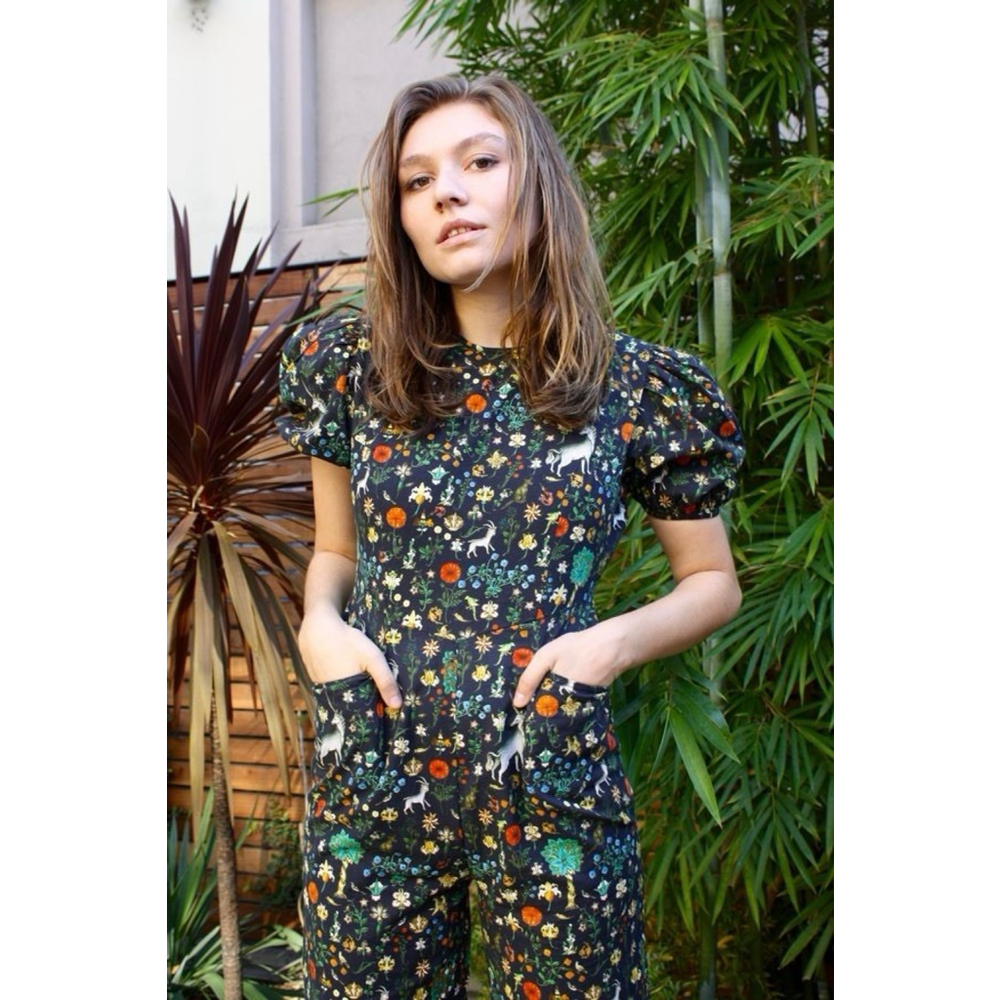 Samantha Pleet Garden Jumpsuit Puff Sleeve 2 Black Illuminated Ethereal Floral - Picture 3 of 14